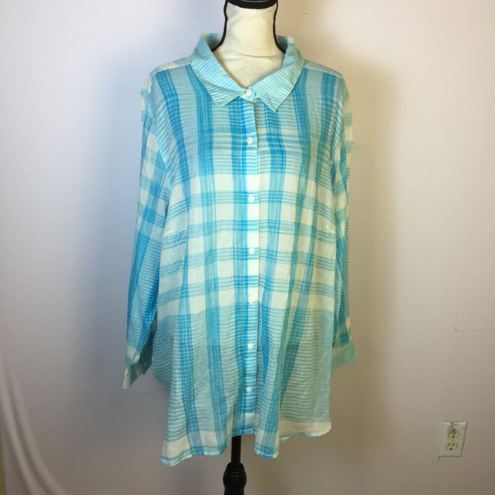 New! Catherine Button Up Shirt Tunic Top 2X Womans Plus Blue White Plaid Cotton